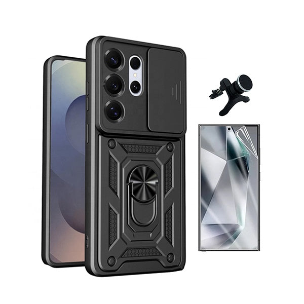 Kit Película Protectora de Hydrogel Frente + Capa de Proteção Militar Magnética Janela + Suporte Magnético Com Pernas GIFT4ME Para Samsung Galaxy S26 Ultra - Preto