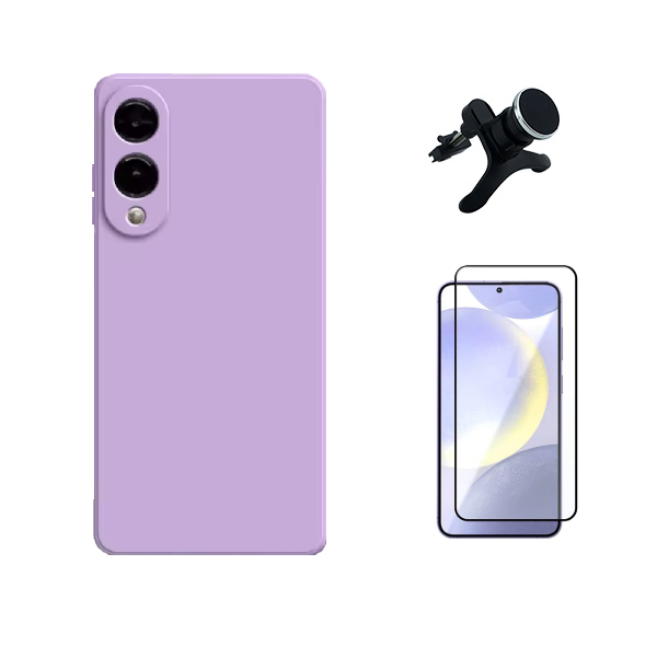 Kit Película de Vidro Temperado Gorilasglass + Capa Proteção Silicone + Suporte Reforçado de Carro Gift4Me Para Samsung Galaxy S25 Edge - Roxo