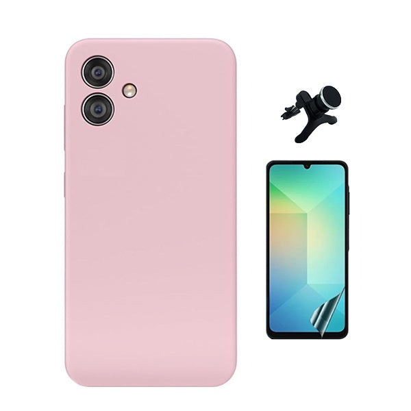 Kit Película Protectora de Hydrogel Frente + Capa Proteção Silicone + Suporte Reforçado de Carro Gift4Me Para Samsung Galaxy A06 - Rosa