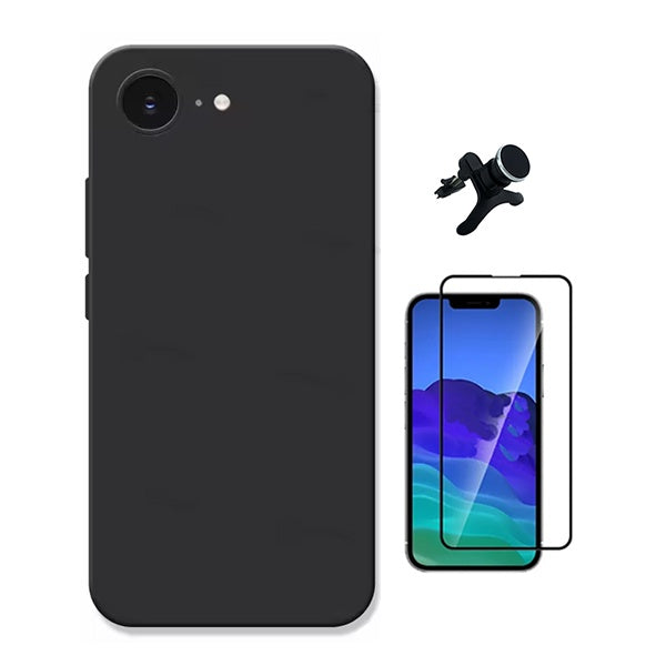 Kit Película de Vidro Temperado Gorilasglass + Capa Proteção Silicone + Suporte Reforçado de Carro GIFT4ME Para Apple iPhone 16e - Preto