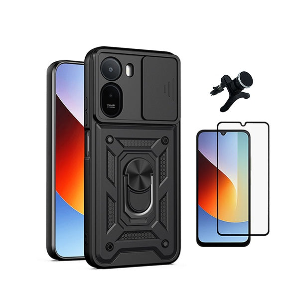 Kit Película de Vidro Temperado Gorilasglass + Capa de Proteção Militar Magnética Janela + Suporte Magnético Com Pernas GIFT4ME Para Xiaomi Redmi A7 Pro - Preto