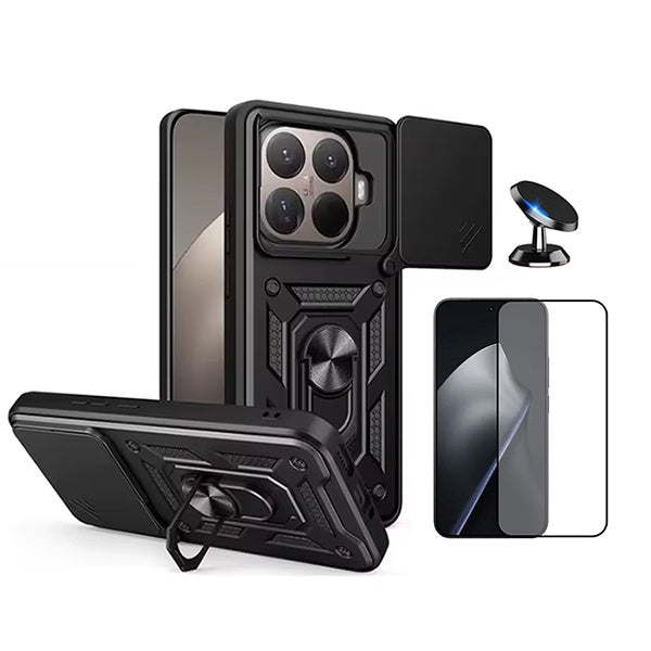 Kit Película de Vidro Temperado Gorilasglass + Capa de Proteção Militar Magnética Janela + Suporte Magnético GIFT4ME Para Xiaomi 15T Pro 5G - Preto