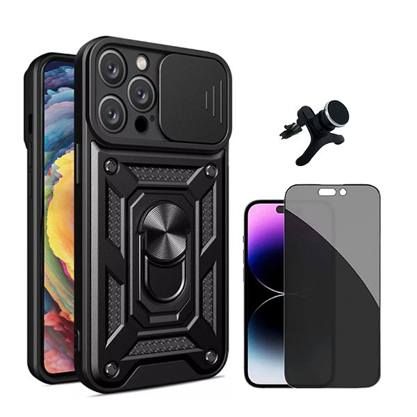 Kit Película de Vidro Temperado Privacidade + Capa de Proteção Militar Magnética Janela + Suporte Magnético Com Pernas GIFT4ME Compativel Com Apple iPhone 16 Pro Max - Preto