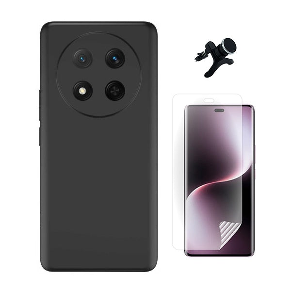 Kit Película Protectora de Hydrogel Frente + Capa Proteção Silicone + Suporte Reforçado de Carro GIFT4ME Para Honor X9c - Preto
