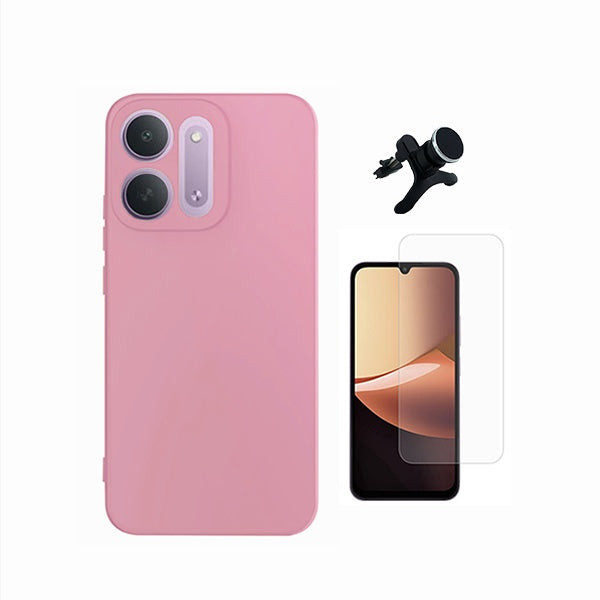 Kit Vidro Temperado Cleargorilasglass + Capa Proteção Silicone + Suporte Reforçado de Carro GIFT4ME Para Xiaomi Redmi 17C 5G - Rosa