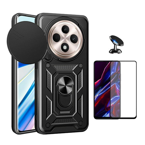 Kit Película de Vidro Temperado Gorilasglass + Capa de Proteção Militar Magnética Janela + Suporte Magnético Gift4Me Para Oppo Reno12 F 5G - Preto