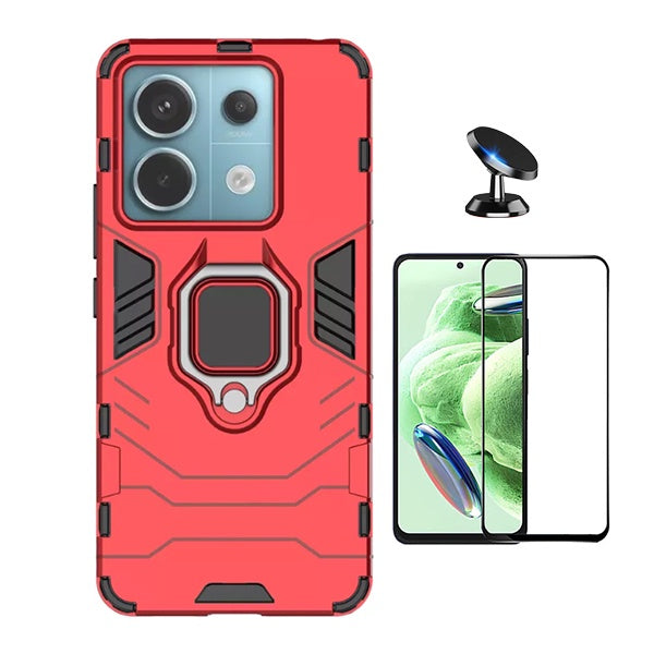 Kit Película de Vidro Temperado Gorilasglass + Capa de Proteção Militar Magnética + Suporte Magnético Gift4Me Para Xiaomi Redmi Note 13 - Vermelho