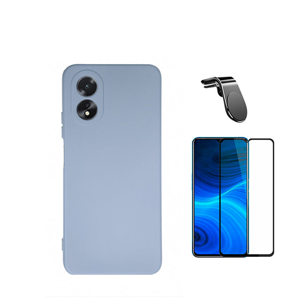 Kit Película de Vidro Temperado GOrilasGlass + Capa Proteção Traseira Silicone + Suporte de Carro Magnético L GIFT4ME para Oppo A18 - Azul Claro