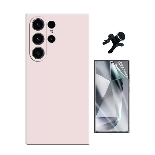 Kit Película Protectora de Hydrogel Frente + Capa Proteção Silicone + Suporte Reforçado de Carro Gift4Me Para Samsung Galaxy S25 Ultra - Rosa