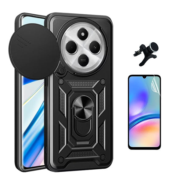 Kit Película Protectora de Hydrogel Frente + Capa de Proteção Militar Magnética Janela + Suporte Magnético Com Pernas Gift4Me Para Xiaomi Redmi 14C 5G - Preto
