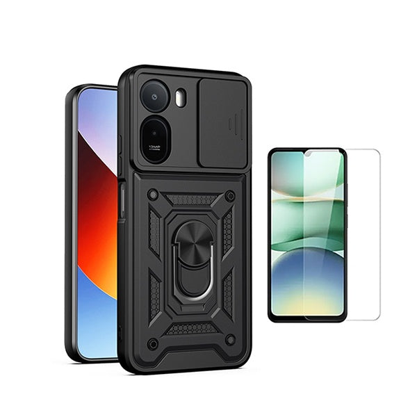 Kit Vidro Temperado Cleargorilasglass + Capa de Proteção Militar Magnética Janela GIFT4ME Para Xiaomi Redmi A7 Pro 4G - Preto