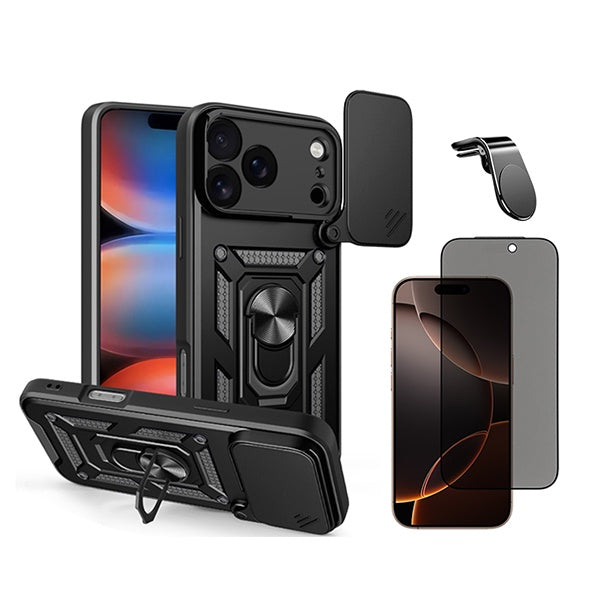 Kit Película de Vidro Temperado Privacidade + Capa de Proteção Militar Magnética Janela + Suporte de Carro Magnético L GIFT4ME Para Apple iPhone 18 Pro - Preto