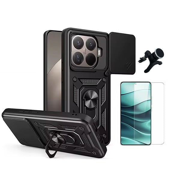 Kit Vidro Temperado Cleargorilasglass + Capa de Proteção Militar Magnética Janela + Suporte Magnético Com Pernas GIFT4ME Para Xiaomi 15T Pro 5G - Preto