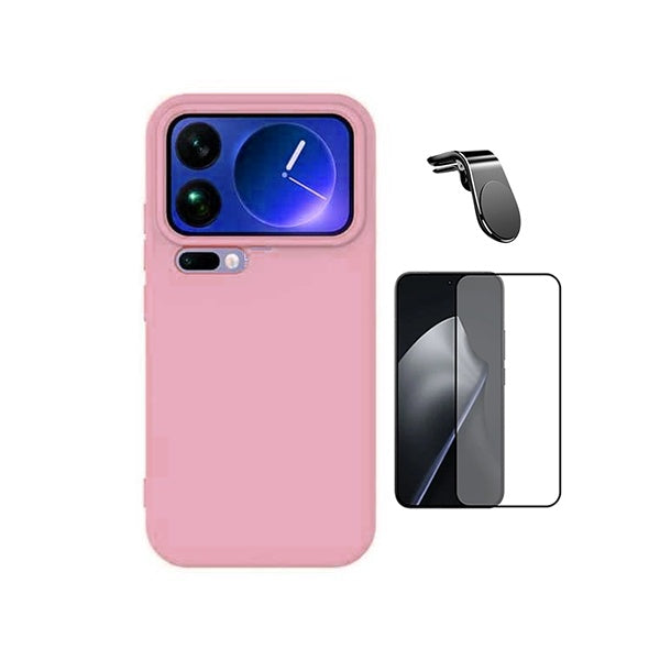 Kit Película de Vidro Temperado Gorilasglass + Capa Proteção Silicone + Suporte Magnético L GIFT4ME Para Xiaomi 17 Pro Max 5G - Rosa