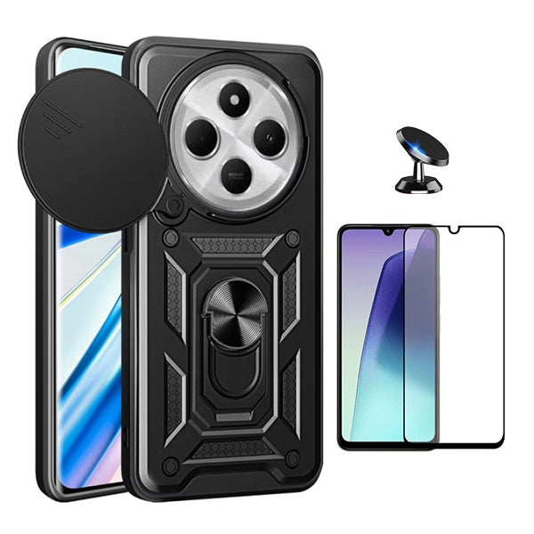 Kit Película de Vidro Temperado Gorilasglass + Capa de Proteção Militar Magnética Janela + Suporte Magnético Gift4Me Para Xiaomi Redmi 14C - Preto