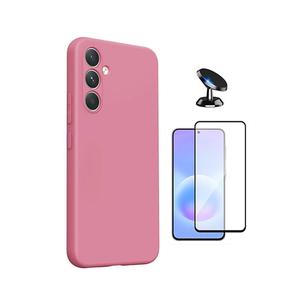 Kit Película de Vidro Temperado Gorilasglass + Capa Proteção Silicone + Suporte Magnético GIFT4ME Para Samsung Galaxy A27 - Rosa
