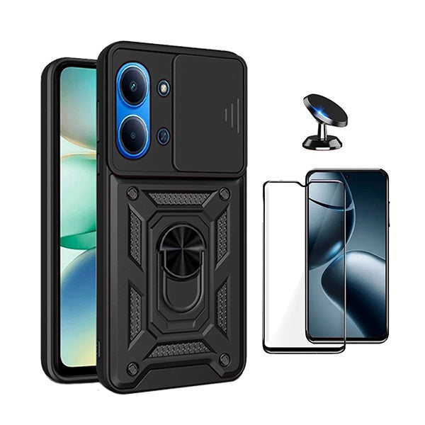 Kit Película de Vidro Temperado Gorilasglass + Capa de Proteção Militar Magnética Janela + Suporte Magnético GIFT4ME Para Xiaomi Poco C85 - Preto