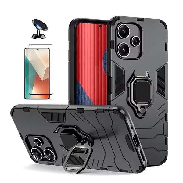 Kit Película de Vidro Temperado Gorilasglass + Capa de Proteção Militar Magnética + Suporte Magnético Gift4Me Para Xiaomi Redmi Note 14 - Preto