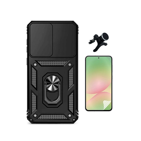 Kit Película Protectora de Hydrogel Frente + Capa de Proteção Militar Magnética Janela + Suporte Magnético Com Pernas GIFT4ME Para Samsung Galaxy A57 5G - Preto