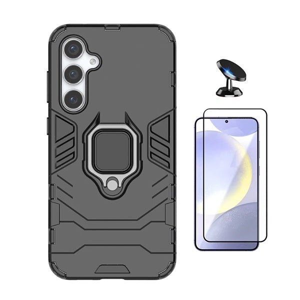Kit Película de Vidro Temperado Gorilasglass + Capa de Proteção Militar Magnética + Suporte Magnético Gift4Me Para Samsung Galaxy S24 FE - Preto