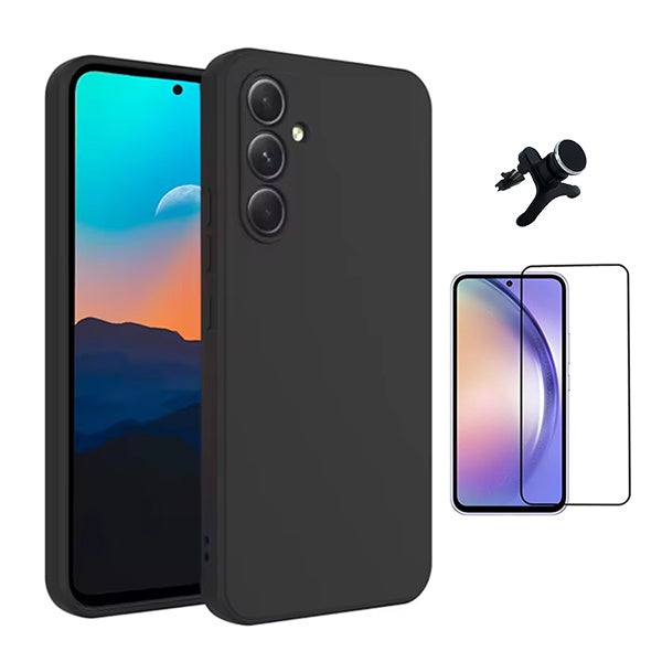 Kit Película de Vidro Temperado Gorilasglass + Capa Proteção Silicone + Suporte Reforçado de Carro Gift4Me Para Samsung Galaxy A56 5G - Preto