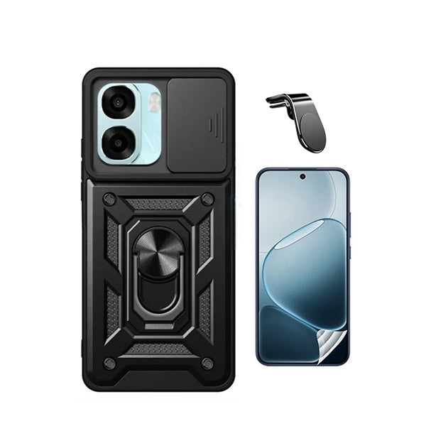 Kit Película Protectora de Hydrogel Frente + Capa de Proteção Militar Magnética Janela + Suporte de Carro Magnético L GIFT4ME Para Oppo A6 5G - Preto