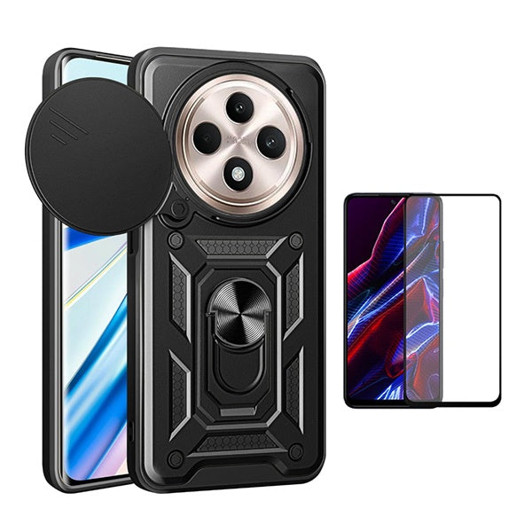Kit Película de Vidro Temperado Gorilasglass + Capa de Proteção Militar Magnética Janela Gift4Me Para Oppo Reno12 FS 4G - Preto