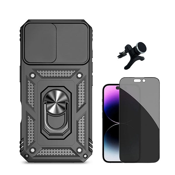 Kit Película de Vidro Temperado Privacidade + Capa de Proteção Militar Magnética Janela + Suporte Magnético Com Pernas GIFT4ME Compativel Com Apple iPhone 16 Plus - Preto