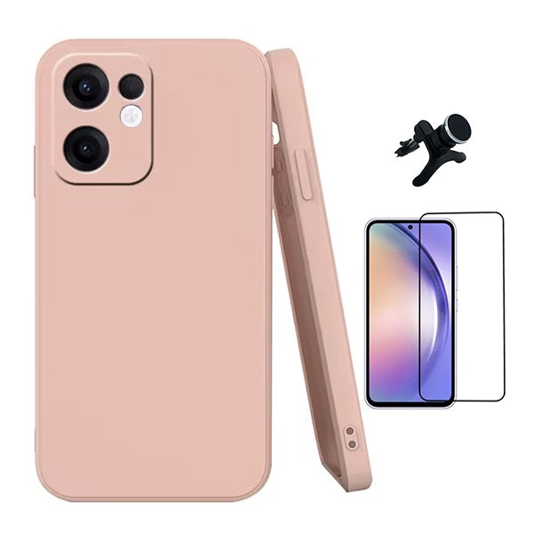 Kit Película de Vidro Temperado Gorilasglass + Capa Proteção Silicone + Suporte Reforçado de Carro GIFT4ME Para Oppo Reno13 F 4G - Rosa