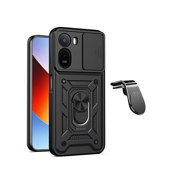 Kit Suporte de Carro Magnético L + Capa de Proteção Militar Magnética Janela Deslizante GIFT4ME Para Xiaomi Redmi A7 Pro - Preto