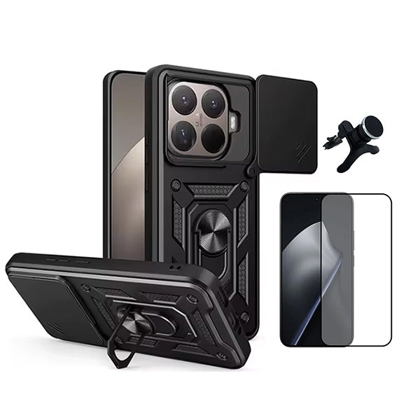 Kit Película de Vidro Temperado Gorilasglass + Capa de Proteção Militar Magnética Janela + Suporte Magnético Com Pernas GIFT4ME Para Xiaomi 15T Pro 5G - Preto
