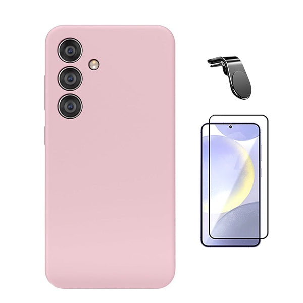 Kit Película de Vidro Temperado Gorilasglass + Capa Proteção Silicone + Suporte Magnético L Gift4Me Para Samsung Galaxy S24 FE - Rosa