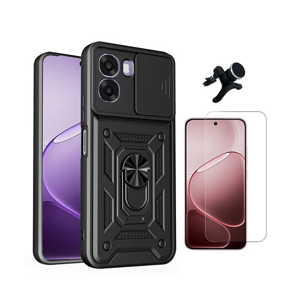 Kit Vidro Temperado Cleargorilasglass + Capa de Proteção Militar Magnética Janela + Suporte Magnético Com Pernas GIFT4ME Para Oppo A6x - Preto