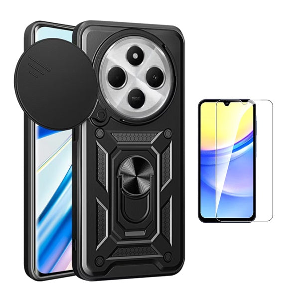 Kit Vidro Temperado Cleargorilasglass + Capa de Proteção Militar Magnética Janela Gift4Me Para Xiaomi Redmi 14C 5G - Preto