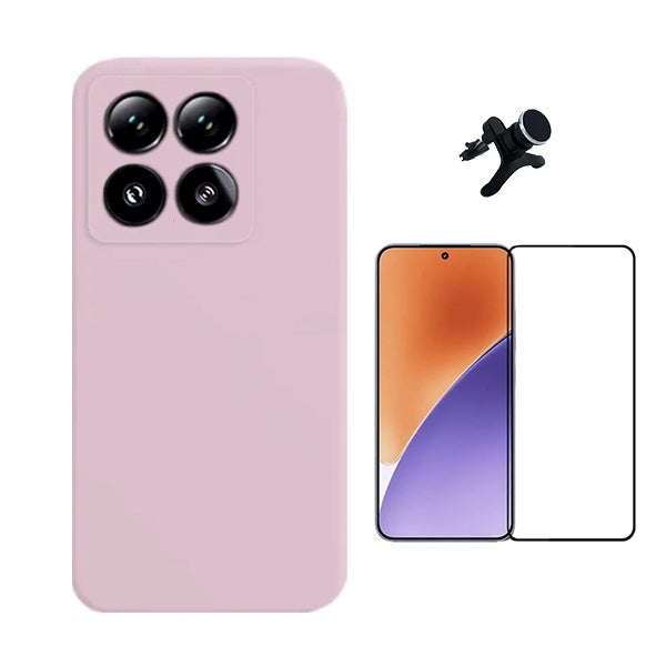 Kit Película de Vidro Temperado Gorilasglass Curvado + Capa Proteção Silicone + Suporte Reforçado de Carro Gift4Me Para Xiaomi 15 Pro - Rosa