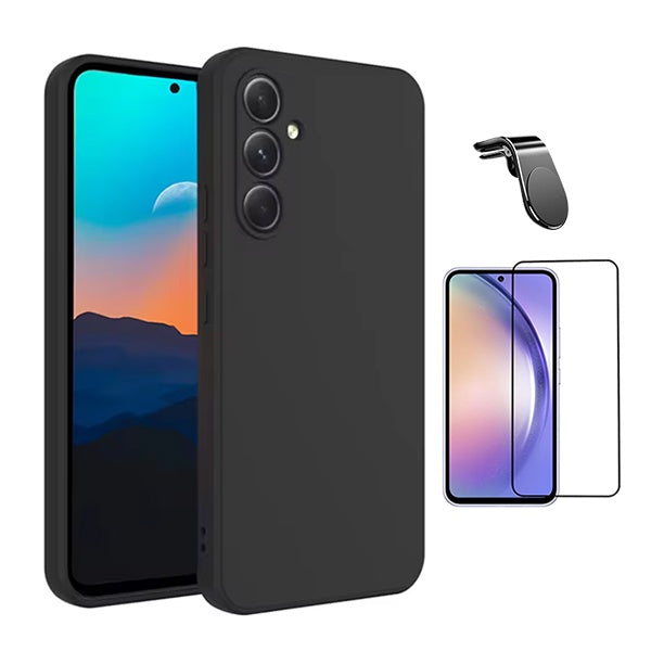 Kit Película de Vidro Temperado Gorilasglass + Capa Proteção Silicone + Suporte Magnético L Gift4Me Para Samsung Galaxy A56 - Preto