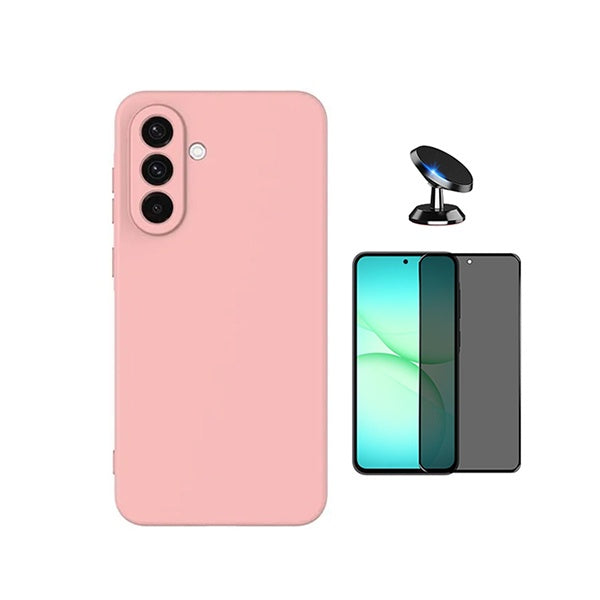 Kit Película de Vidro Temperado Privacidade + Capa Proteção Silicone + Suporte Magnético GIFT4ME Para Samsung Galaxy A57 5G - Rosa