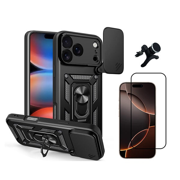 Kit Película de Vidro Temperado Gorilasglass + Capa de Proteção Militar Magnética Janela + Suporte Magnético Com Pernas GIFT4ME Para Apple iPhone 18 Pro - Preto
