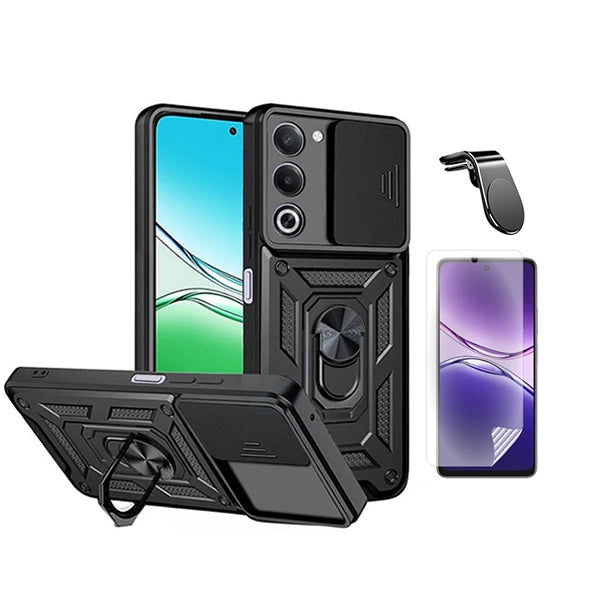 Kit Película Protectora de Hydrogel Frente + Capa de Proteção Militar Magnética Janela + Suporte de Carro Magnético L GIFT4ME Para Oppo A5 5G - Preto