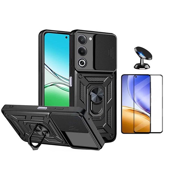 Kit Película de Vidro Temperado Gorilasglass + Capa de Proteção Militar Magnética Janela + Suporte Magnético GIFT4ME Para Oppo A5 5G - Preto