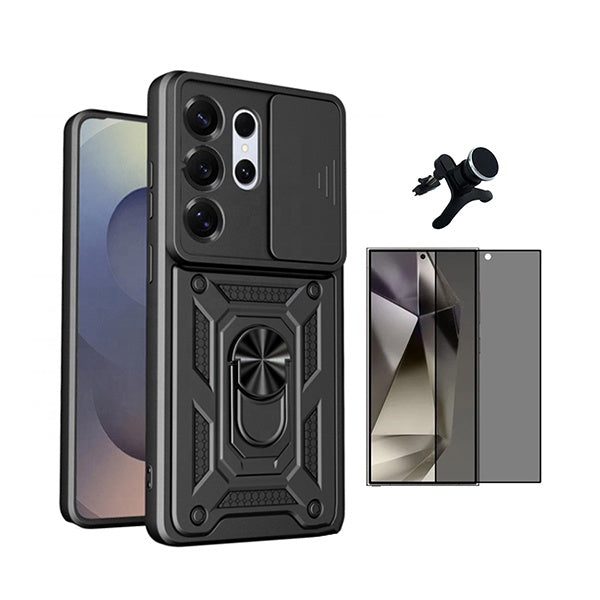Kit Película de Vidro Temperado Privacidade + Capa de Proteção Militar Magnética Janela + Suporte Magnético Com Pernas GIFT4ME Para Samsung Galaxy S26 Ultra - Preto