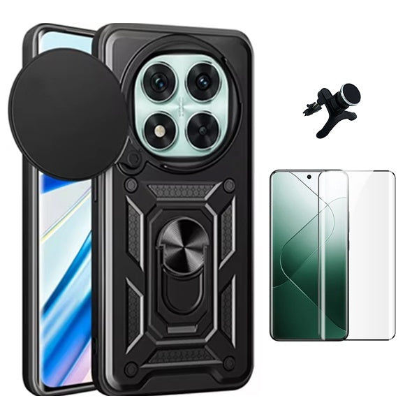 Kit Película de Vidro Temperado Gorilasglass Curvado + Capa de Proteção Militar Magnética + Suporte Magnético Com Pernas Gift4Me Para Xiaomi Redmi Note 14 Pro - Preto
