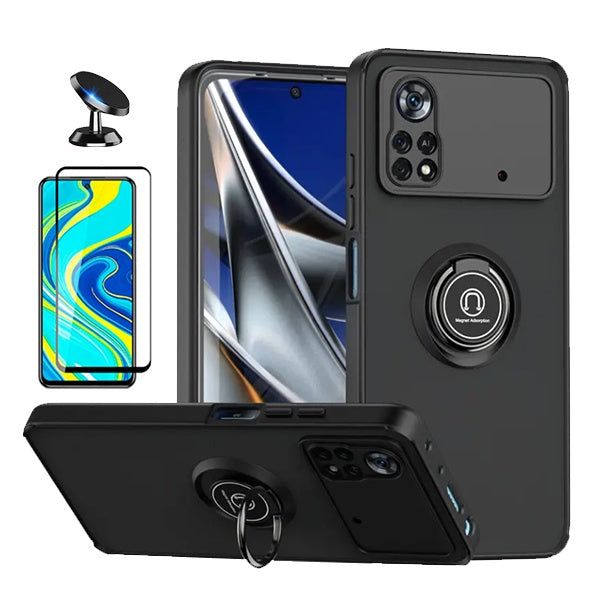 Kit Capa Anti-Impacto Clear com Anel + Vidro Temperado Gorilaglass + Suporte de carro GIFT4ME Para Xiaomi Poco X4 Pro 5G - Transparente/Preto
