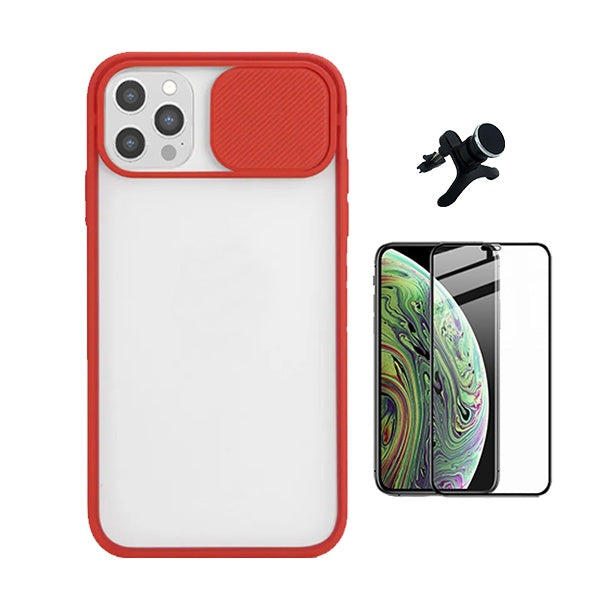 Kit Capa Proteção Camara Deslizante + Película de Vidro Temperado Gorilasglass + Suporte com pernas GIFT4ME Para Apple iPhone 12 Pro Max - Vermelho