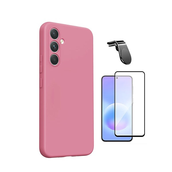 Kit Película de Vidro Temperado Gorilasglass + Capa Proteção Silicone + Suporte Magnético L GIFT4ME Para Samsung Galaxy A27 5G - Rosa