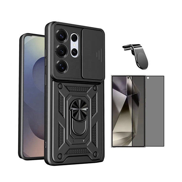 Kit Película de Vidro Temperado Privacidade + Capa de Proteção Militar Magnética Janela + Suporte de Carro Magnético L GIFT4ME Para Samsung Galaxy S26 Ultra - Preto