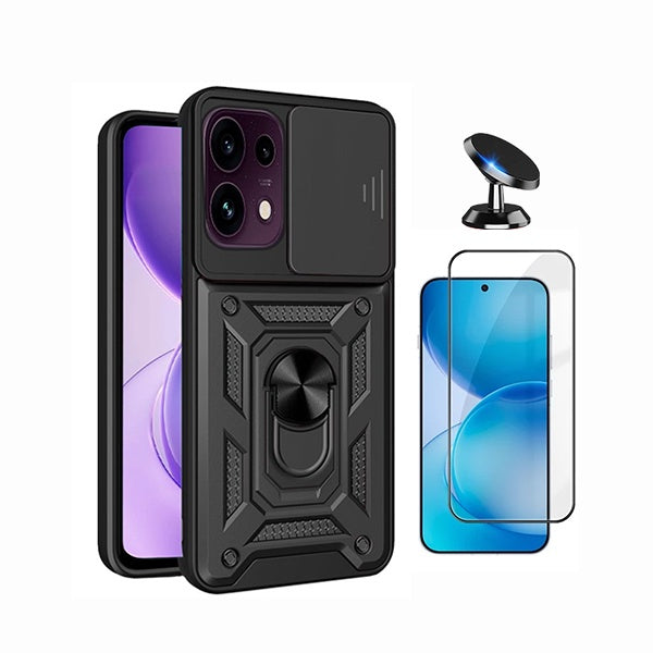 Kit Película de Vidro Temperado Gorilasglass + Capa de Proteção Militar Magnética Janela + Suporte Magnético GIFT4ME Para Oppo Reno16 FS 5G - Preto