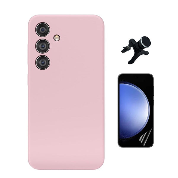 Kit Película Protectora de Hydrogel Frente + Capa Proteção Silicone + Suporte Reforçado de Carro Gift4Me Para Samsung Galaxy S24 FE - Rosa