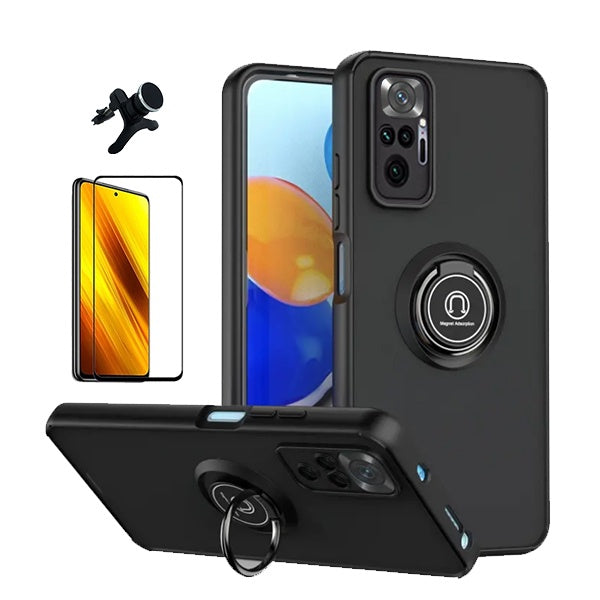 Kit Capa Anti-Impacto Clear com Anel + Vidro Temperado Gorilaglass + Suporte Magnético GIFT4ME Para Xiaomi Redmi Note 10 Pro - Transparente/Preto