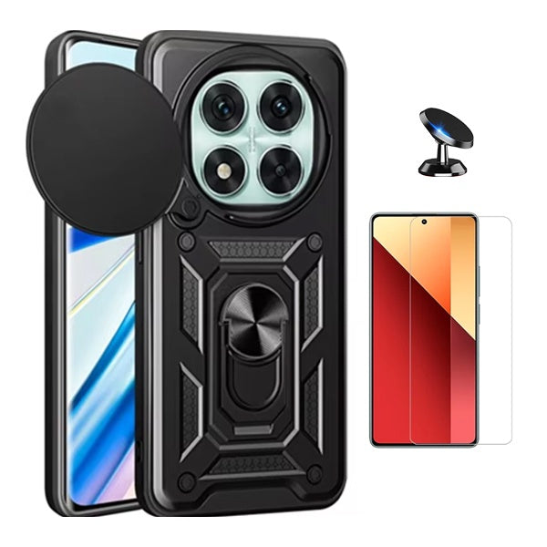 Kit Vidro Temperado Cleargorilasglass + Capa de Proteção Militar Magnética Janela + Suporte Magnético Gift4Me Para Xiaomi Redmi Note 14 Pro 5G - Preto